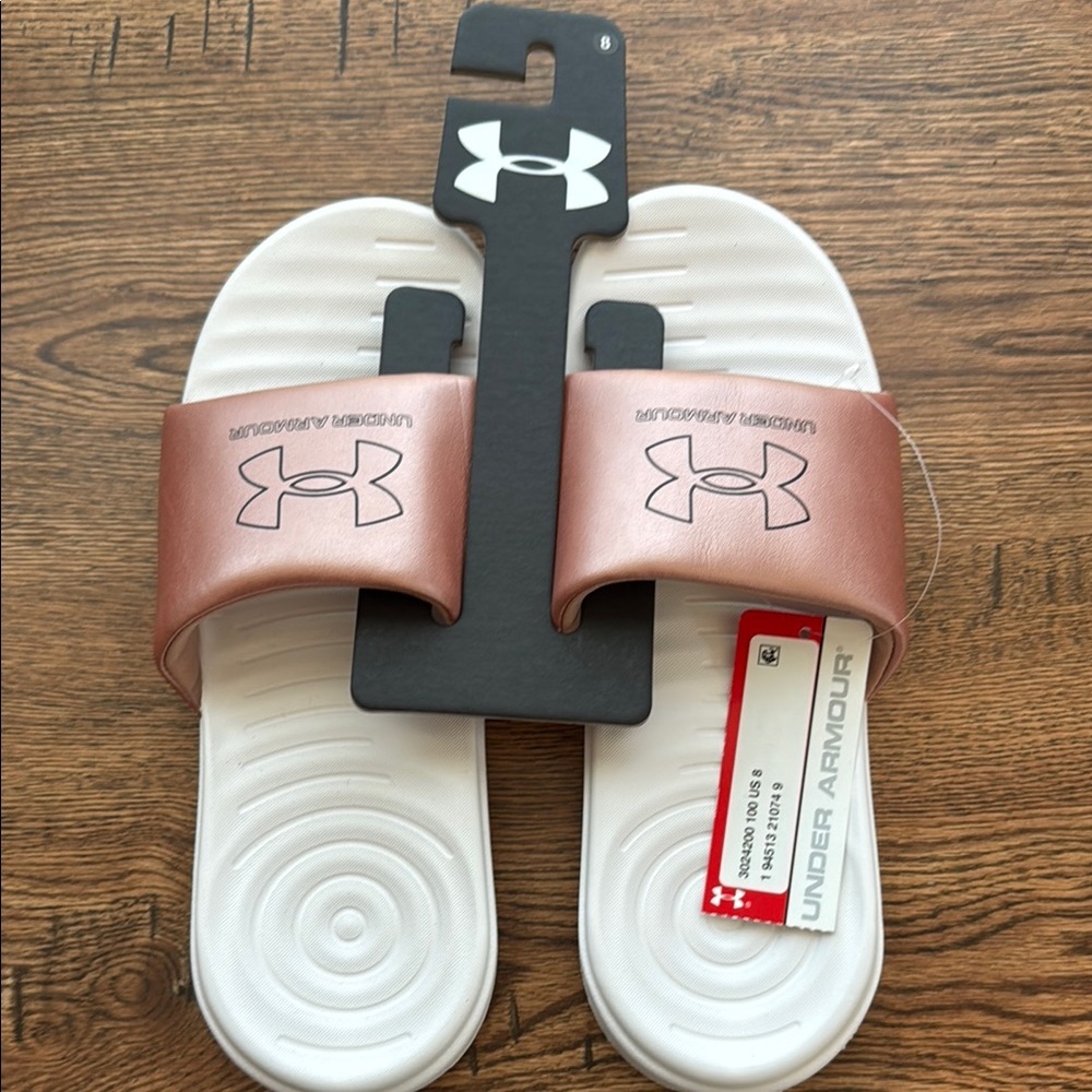 Women’s UA Under Armour Slide Sandals. Rose Gold/Pink White. Slip On Size 8. NWT